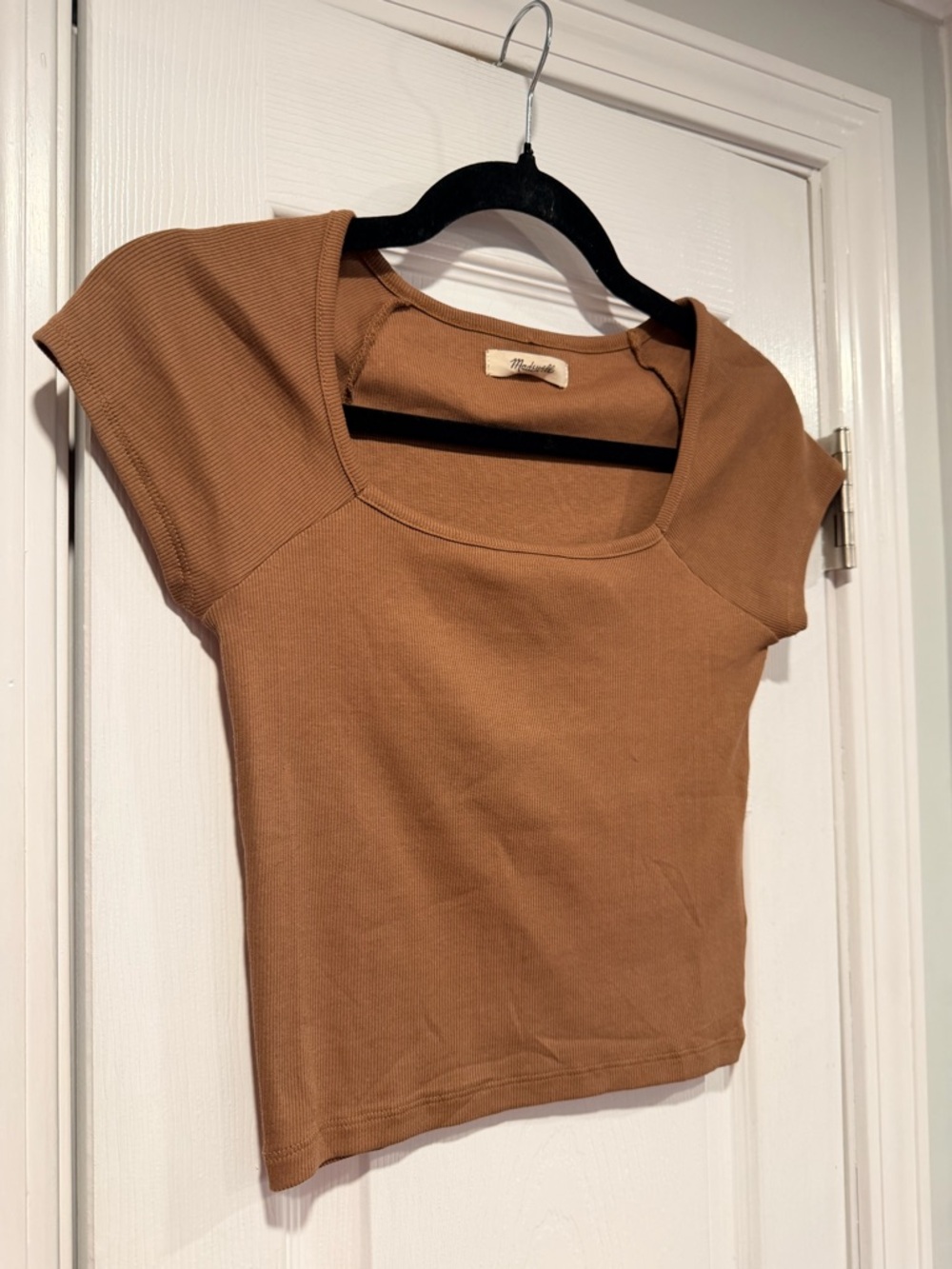 NWOT Madewell Size S Brown Square Neck Short Sleeve Ribbed Stretch Cropped Top - Picture 4 of 8